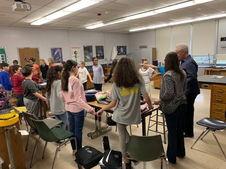 Students holding hands during science lab